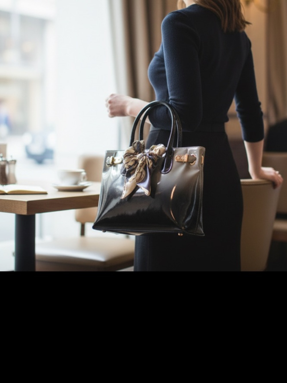 The Scarleton Ombre Patent Leather Tote Bag w/ Scarf Detail - Black & Gray